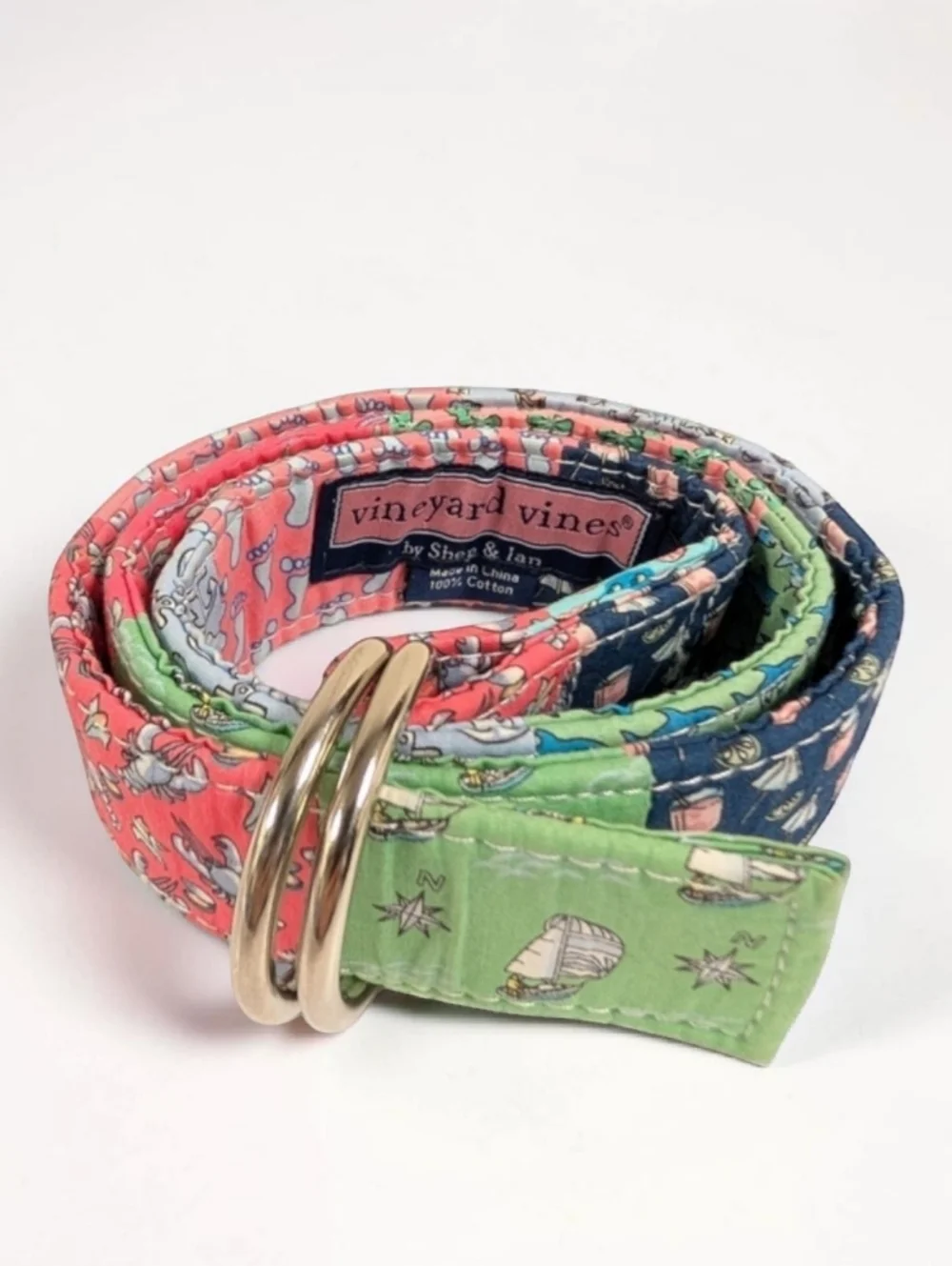 Vineyard Vines Patchwork Nautical D-Ring Belt Lobster Sailboat Cotton Size S